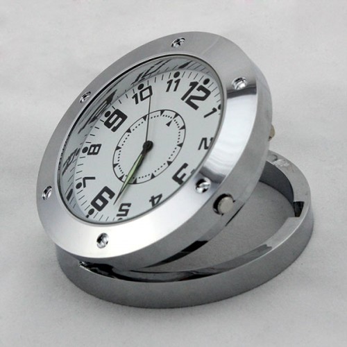 Acier inoxydable blanc argenté Horloge caméra espion Tour Matériel en métal Contrôle du son Photo USB